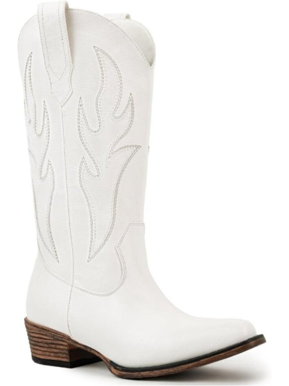 Women's White Square Toe Mid Calf Chunky Heel Classic Fall Western Cowgirl Boots